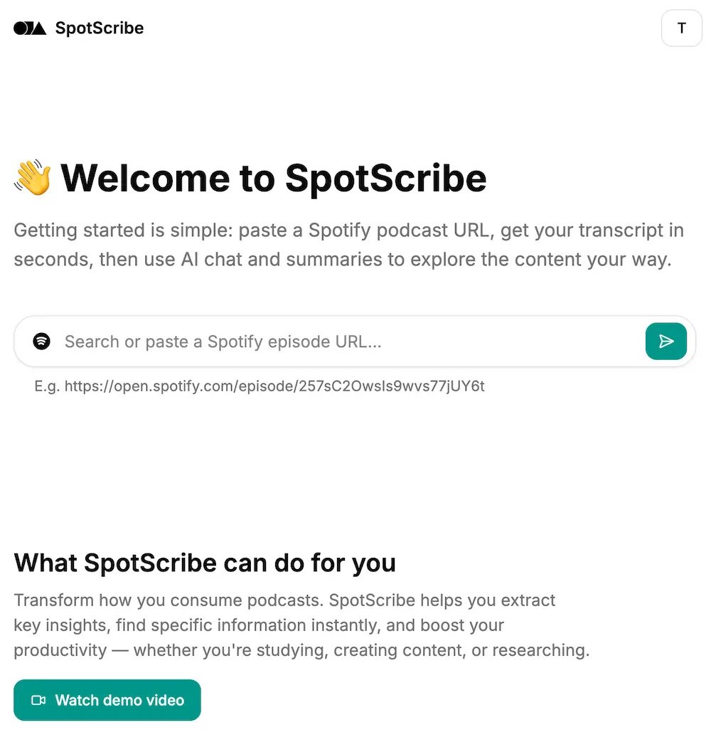 A screenshot of the SpotScribe app that shows how to transcribe Podcast to Text for Free