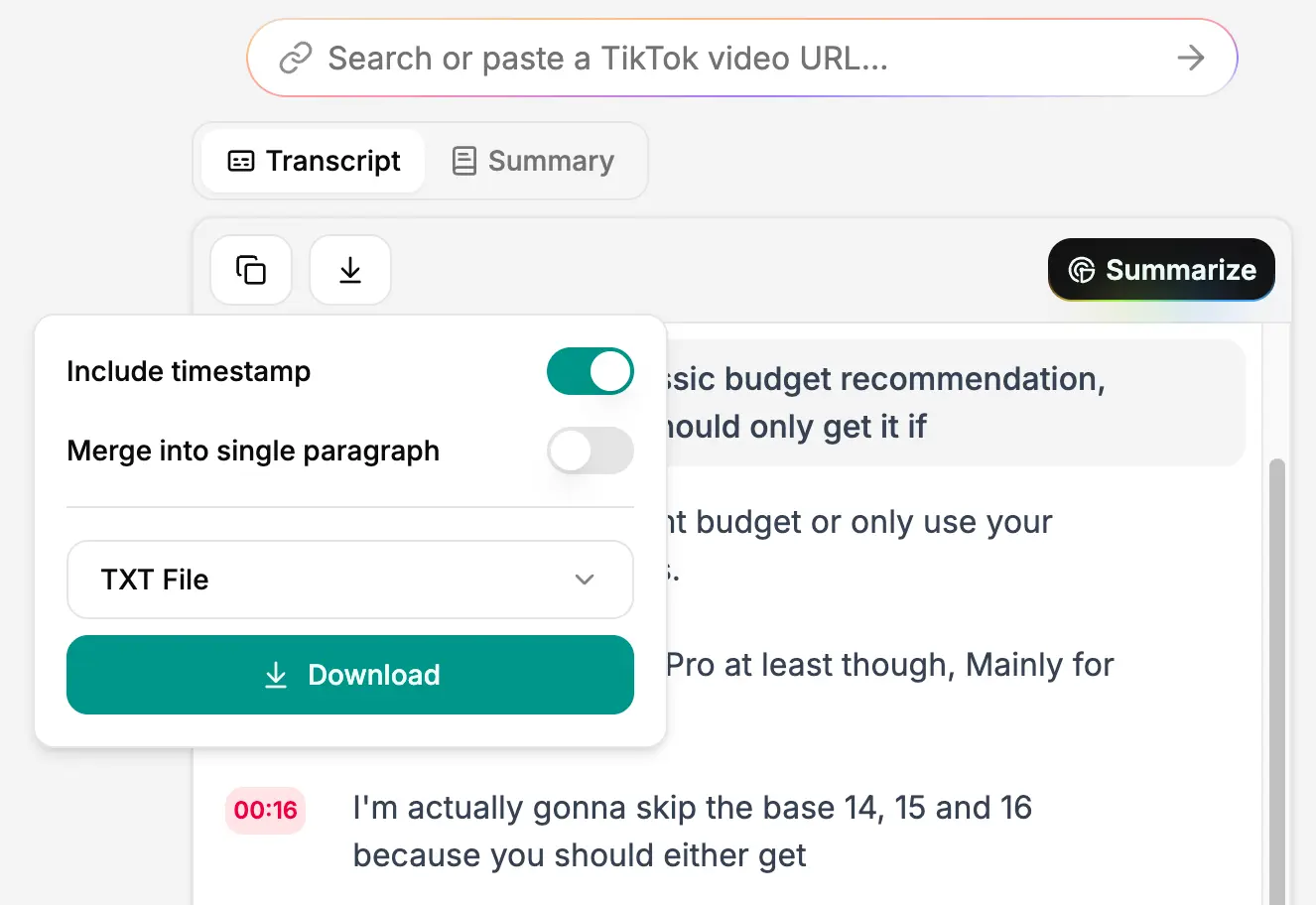 A screenshot of SpotScribe that shows how to save TikTok transcripts to your device