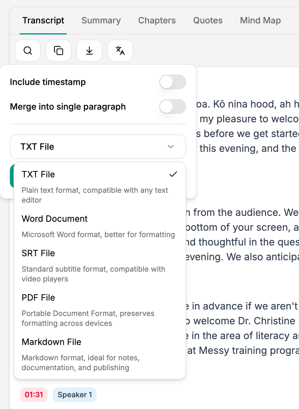 Download a transcript with speaker labels and timestamps