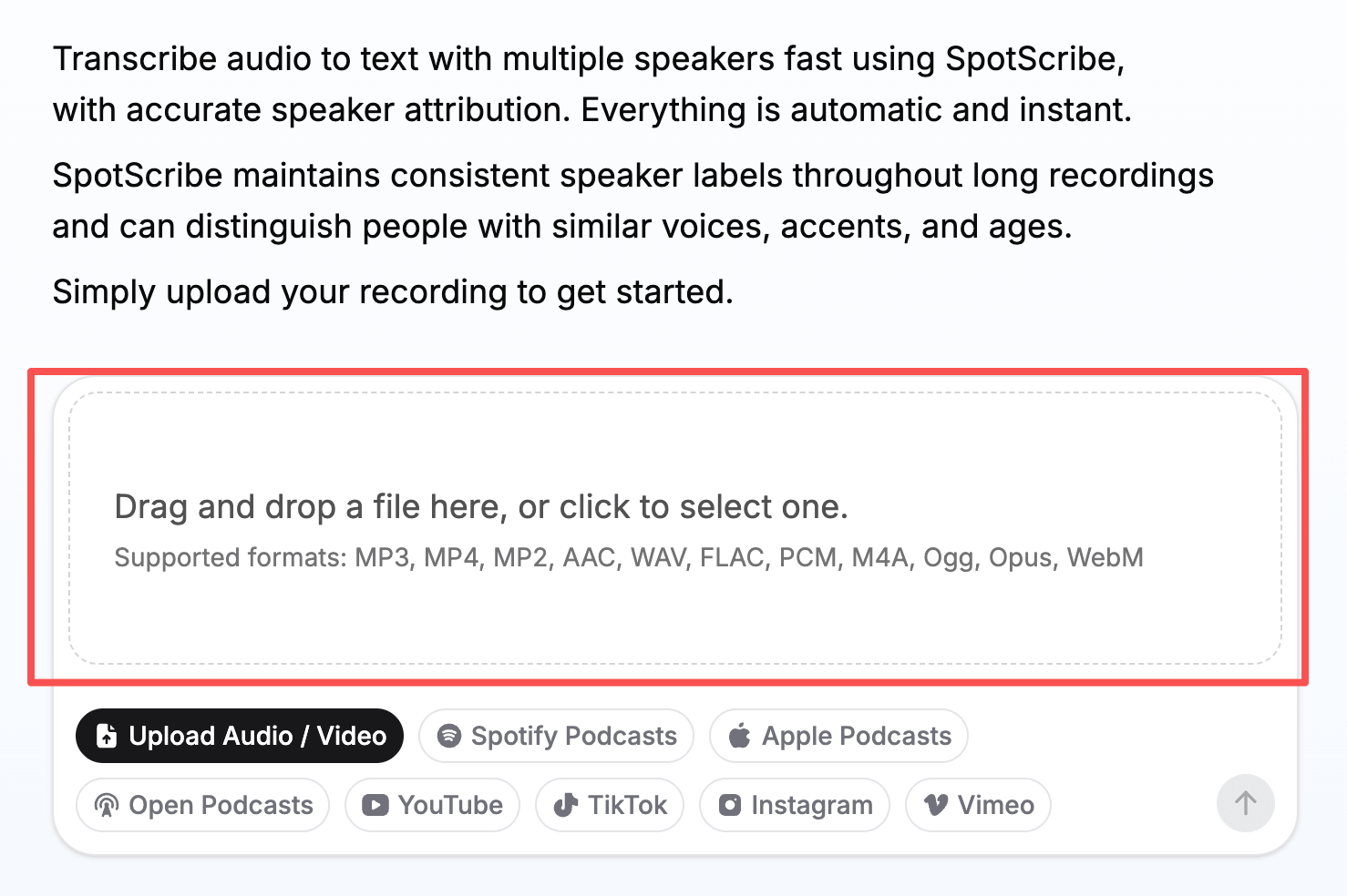 Upload an audio or video file for multi-speaker transcription