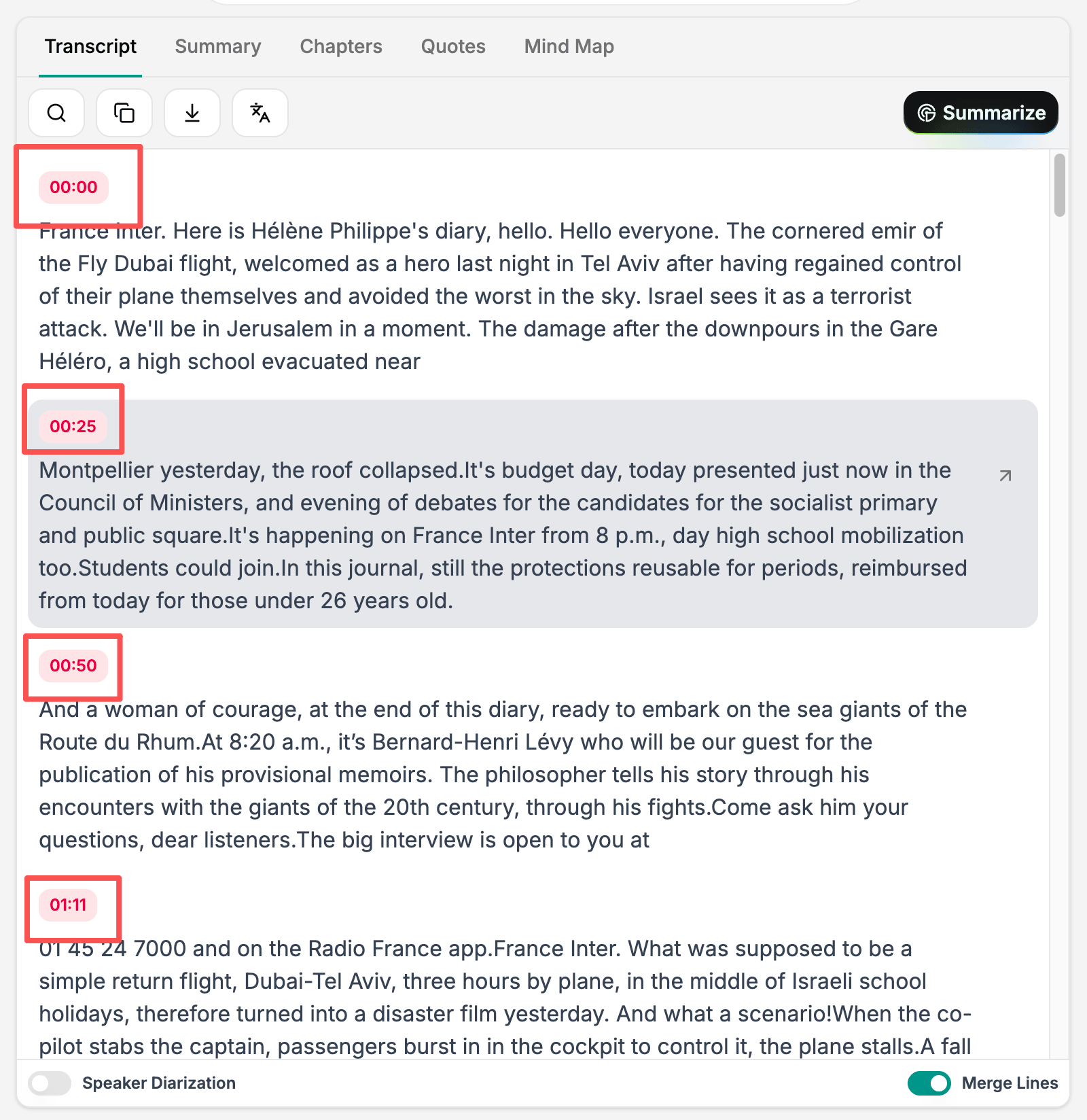 Time-synced English captions for a Spotify podcast