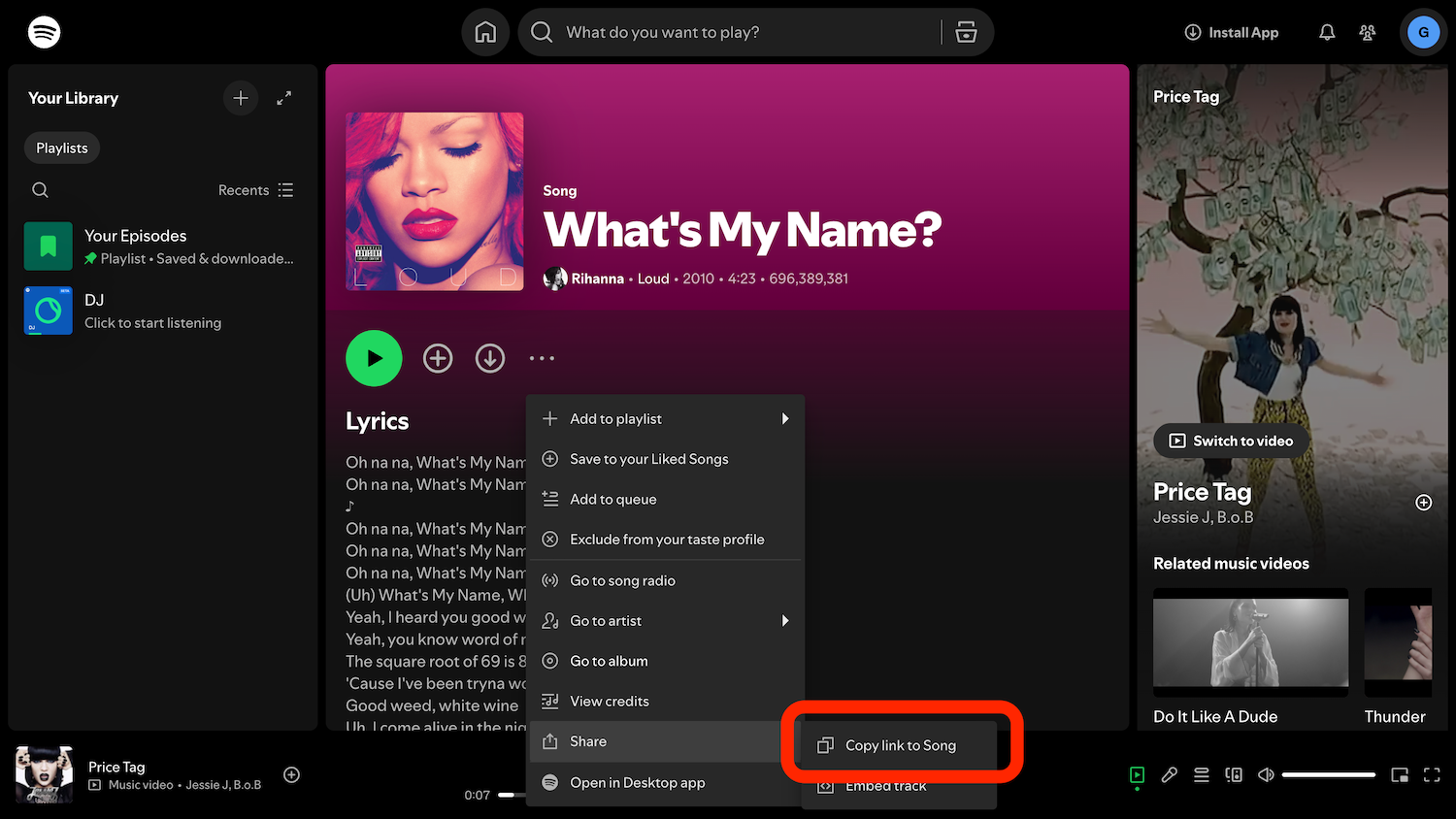 Copy Spotify Track URL